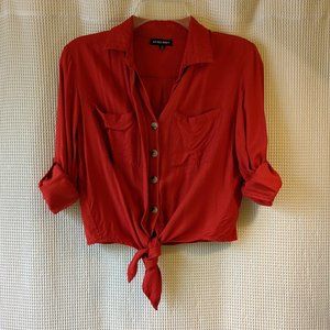 Roll tab button down tie front top